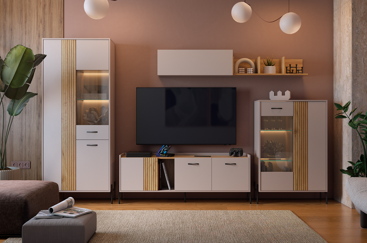 Гостиная "Доминика К5" (3452х350х1950) (кашемир/дуб крафт золотой)