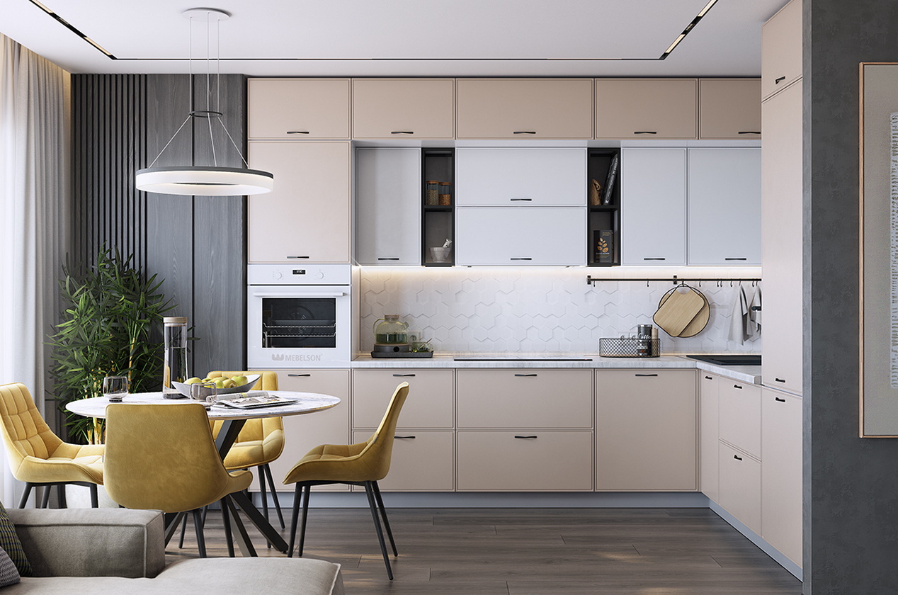 Кухонный гарнитур 6 "Монако" (ширина 320х240 см) (белый/милк матовый/фрапучино матовый)