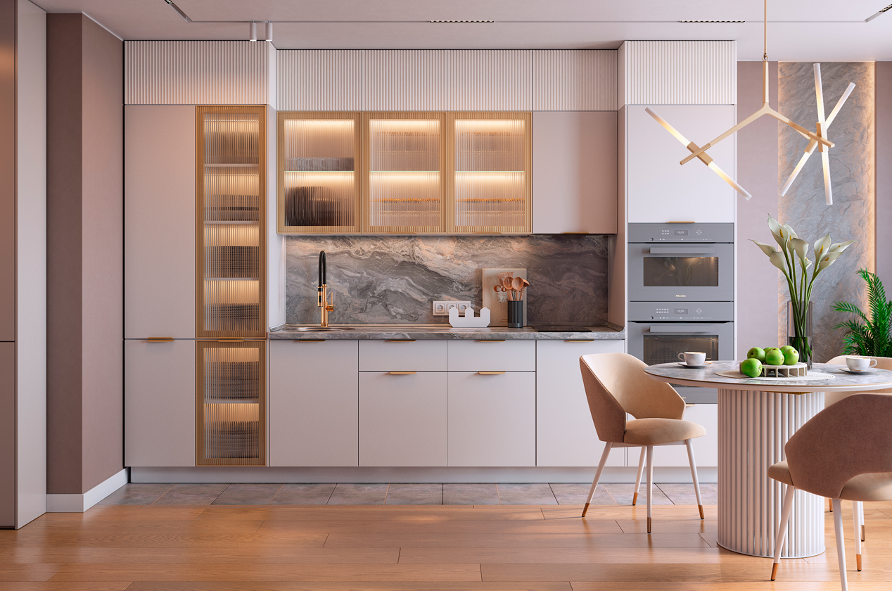 Кухонный гарнитур 8 (ширина 346х60х250,1 см) (белый/лен/милк матовый/золото матовое/бесцветное мору)