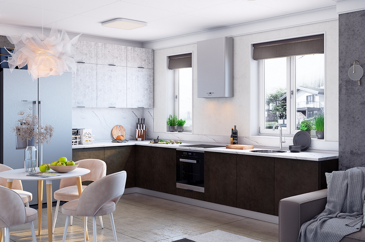 Кухонный гарнитур 1 "Стоун" (ширина 180х402 см) (белый/белая скала/камень темно-серый)