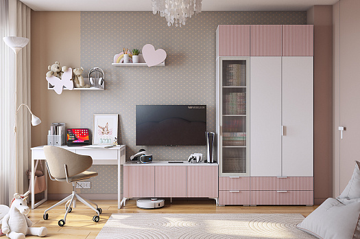 Набор детской мебели "Зефир К2" (3500х580х2300) (белое дерево/белый муар/пудра розовая (эмаль))