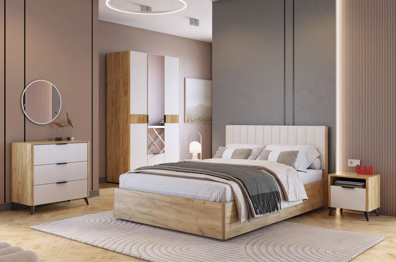 Спальный гарнитур Адам К3 (дуб крафт золотой/белое дерево/белый (плюш))